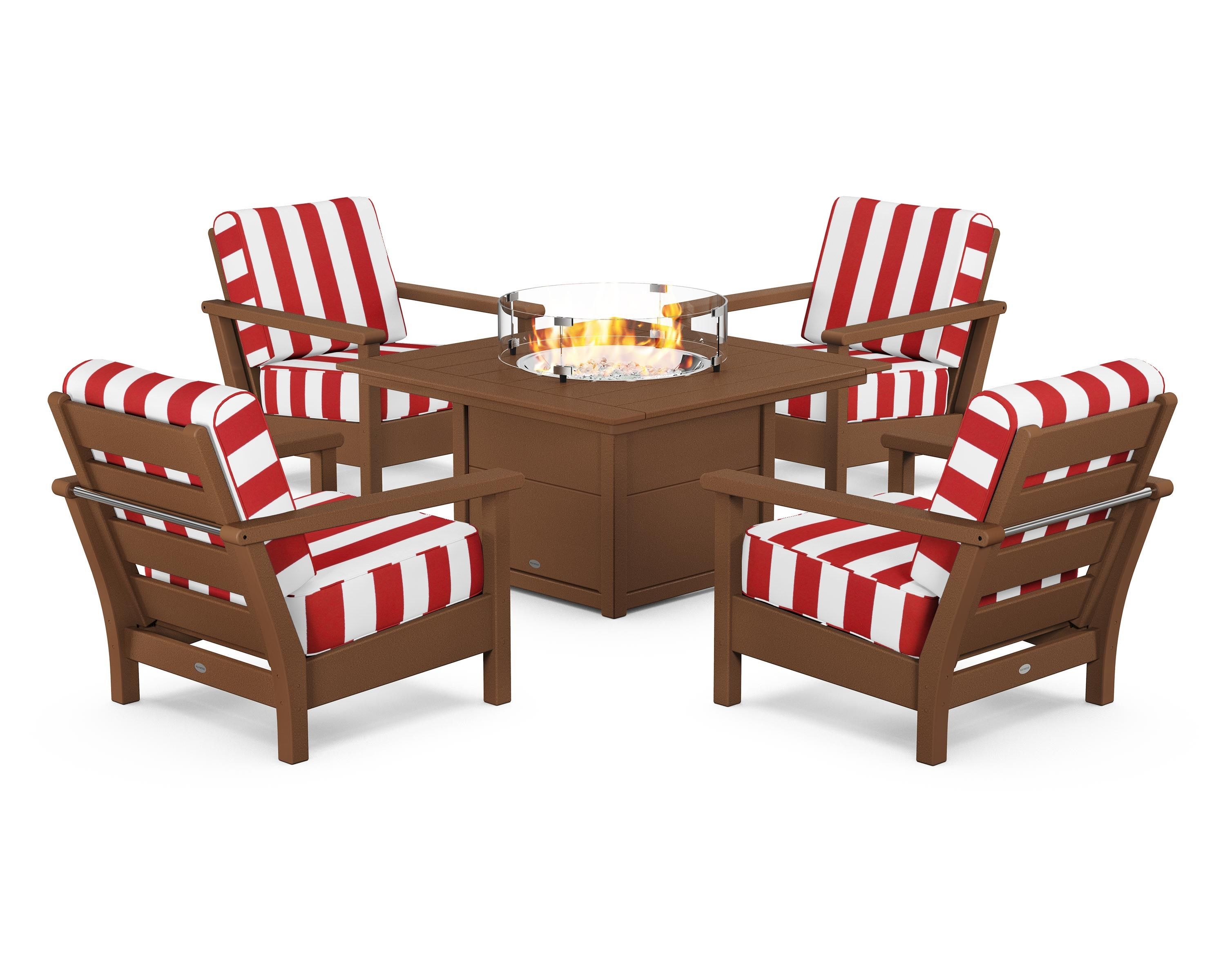 POLYWOOD® Harbour 5-Piece Conversation Set with Fire Pit Table in Teak / Cabana Stripe Crimson