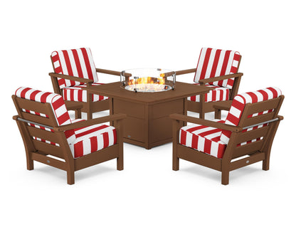 POLYWOOD® Harbour 5-Piece Conversation Set with Fire Pit Table in Teak / Cabana Stripe Crimson