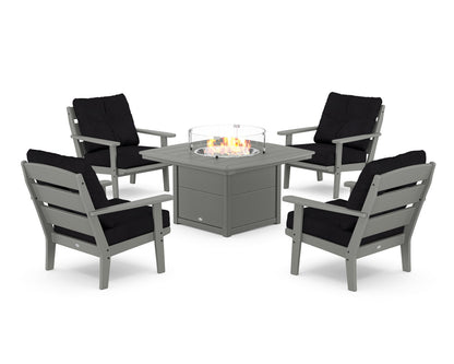 POLYWOOD® Lakeside 5-Piece Deep Seating Set with Nautical Fire Pit Table in Slate Grey / Midnight Linen