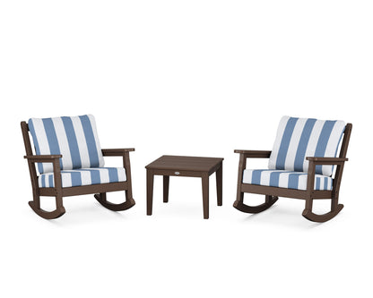 POLYWOOD® Chippendale 3-Piece Deep Seating Rocker Set in Mahogany / Cabana Stripe Sky Blue