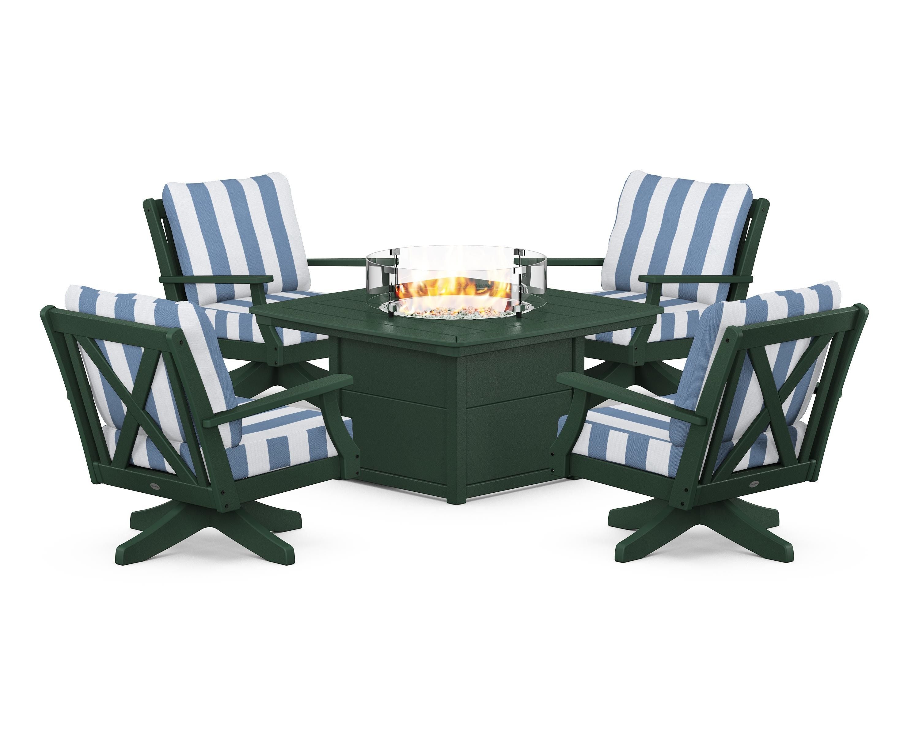 POLYWOOD® Braxton 5-Piece Deep Seating Swivel Conversation Set with Fire Pit Table in Green / Cabana Stripe Sky Blue