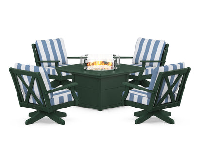POLYWOOD® Braxton 5-Piece Deep Seating Swivel Conversation Set with Fire Pit Table in Green / Cabana Stripe Sky Blue