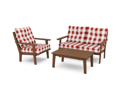 POLYWOOD® Lakeside 3-Piece Deep Seating Set in Teak / Buffalo Plaid Crimson