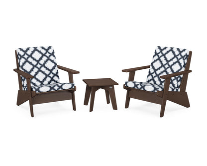 POLYWOOD® Riviera Modern Lounge 3-Piece Set in Mahogany / Trellis Marine Indigo