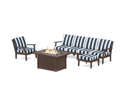 POLYWOOD® Braxton Sectional Lounge and Fire Pit Set in Mahogany / Cabana Stripe Marine Indigo