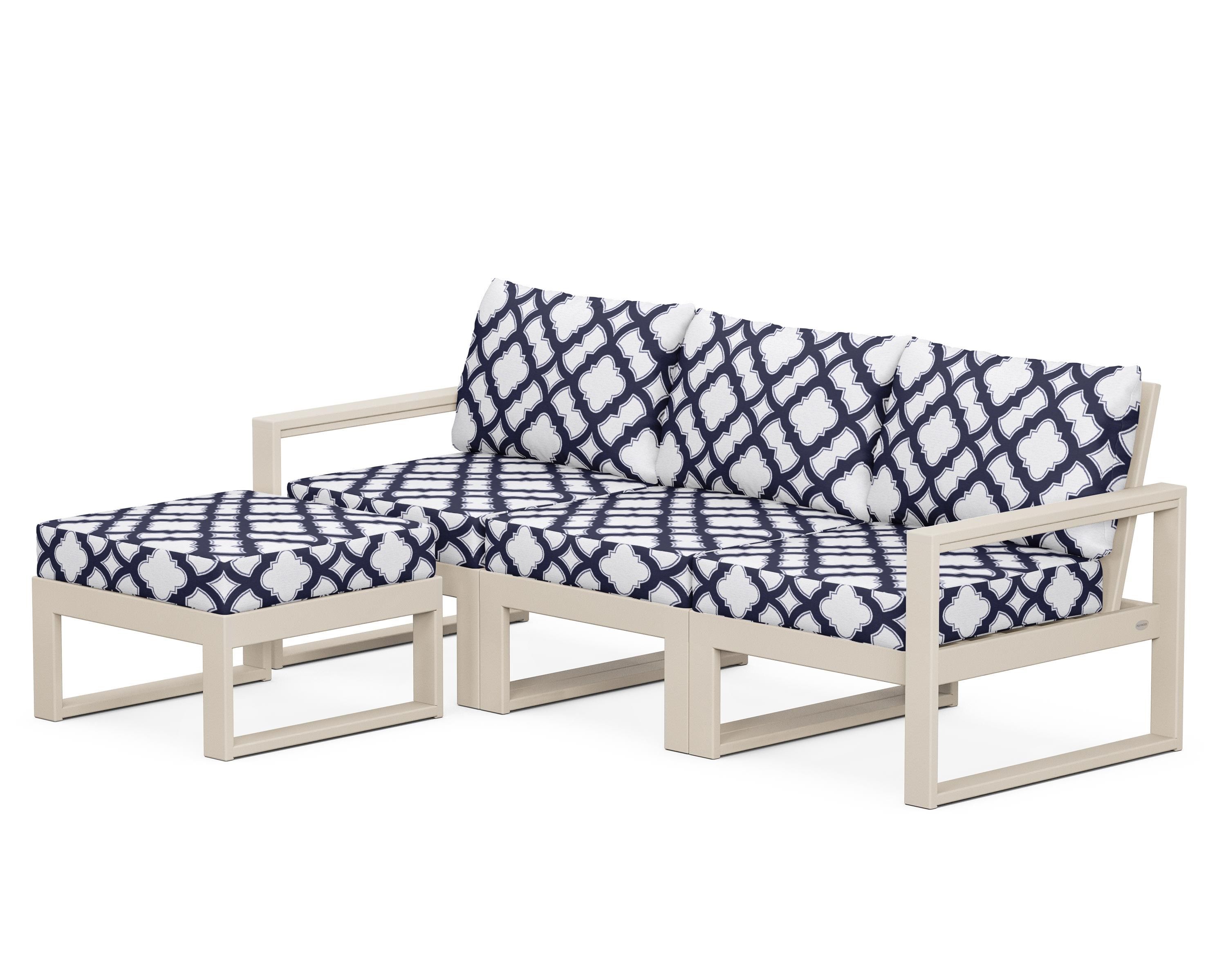 POLYWOOD® EDGE 4-Piece Modular Deep Seating Set with Ottoman in Sand / Trellis Navy