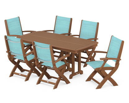 POLYWOOD® Coastal Folding Arm Chair 7-Piece Dining Set in Teak / Dupioni Aquamarine Sling