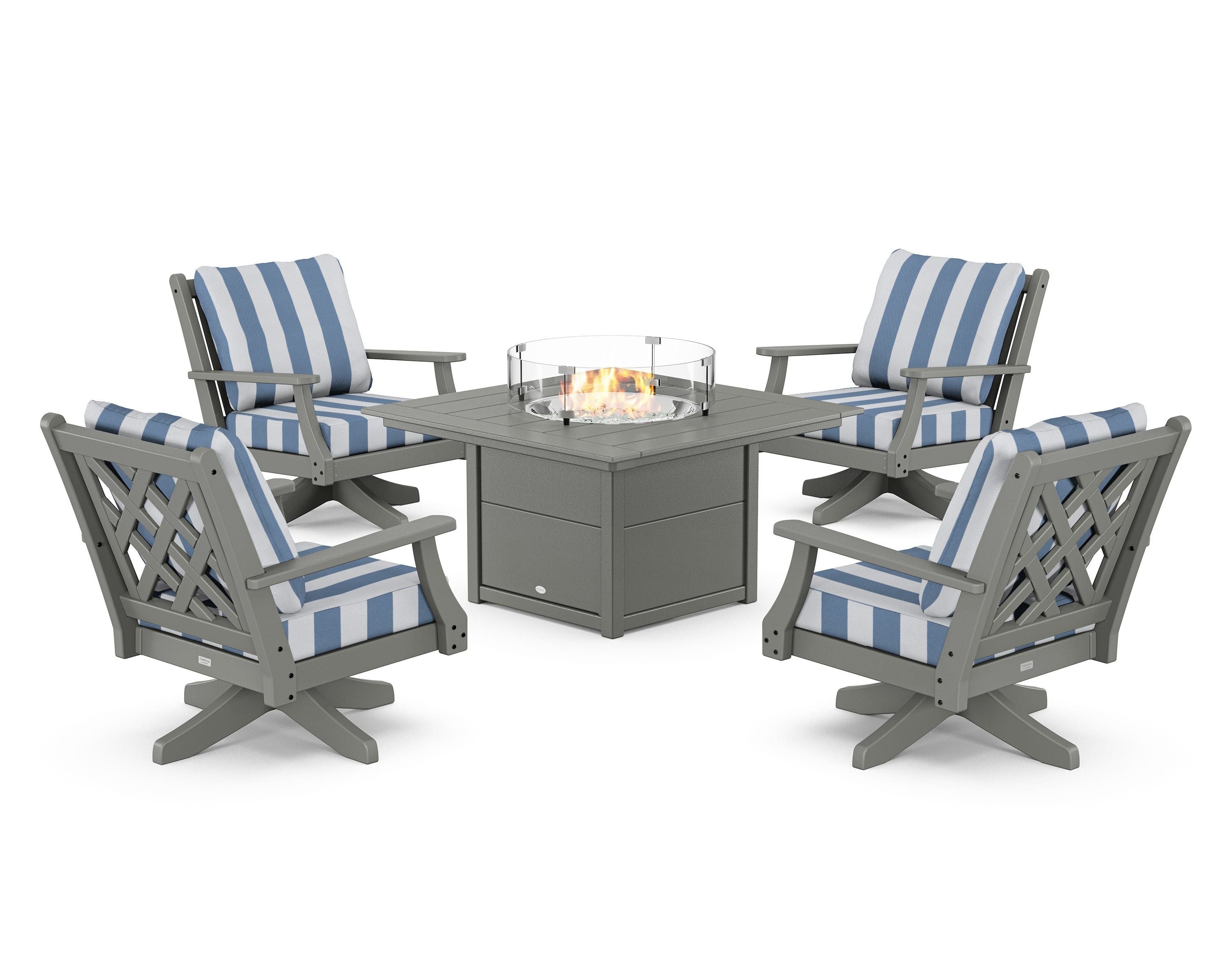 Country Living Wovendale 5-Piece Deep Seating Swivel Conversation Set with Fire Pit Table in Slate Grey / Cabana Stripe Sky Blue