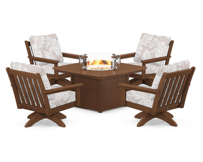 POLYWOOD® Vineyard 5-Piece Deep Seating Swivel Conversation Set with Fire Pit Table in Teak / Leaf Dune Burlap