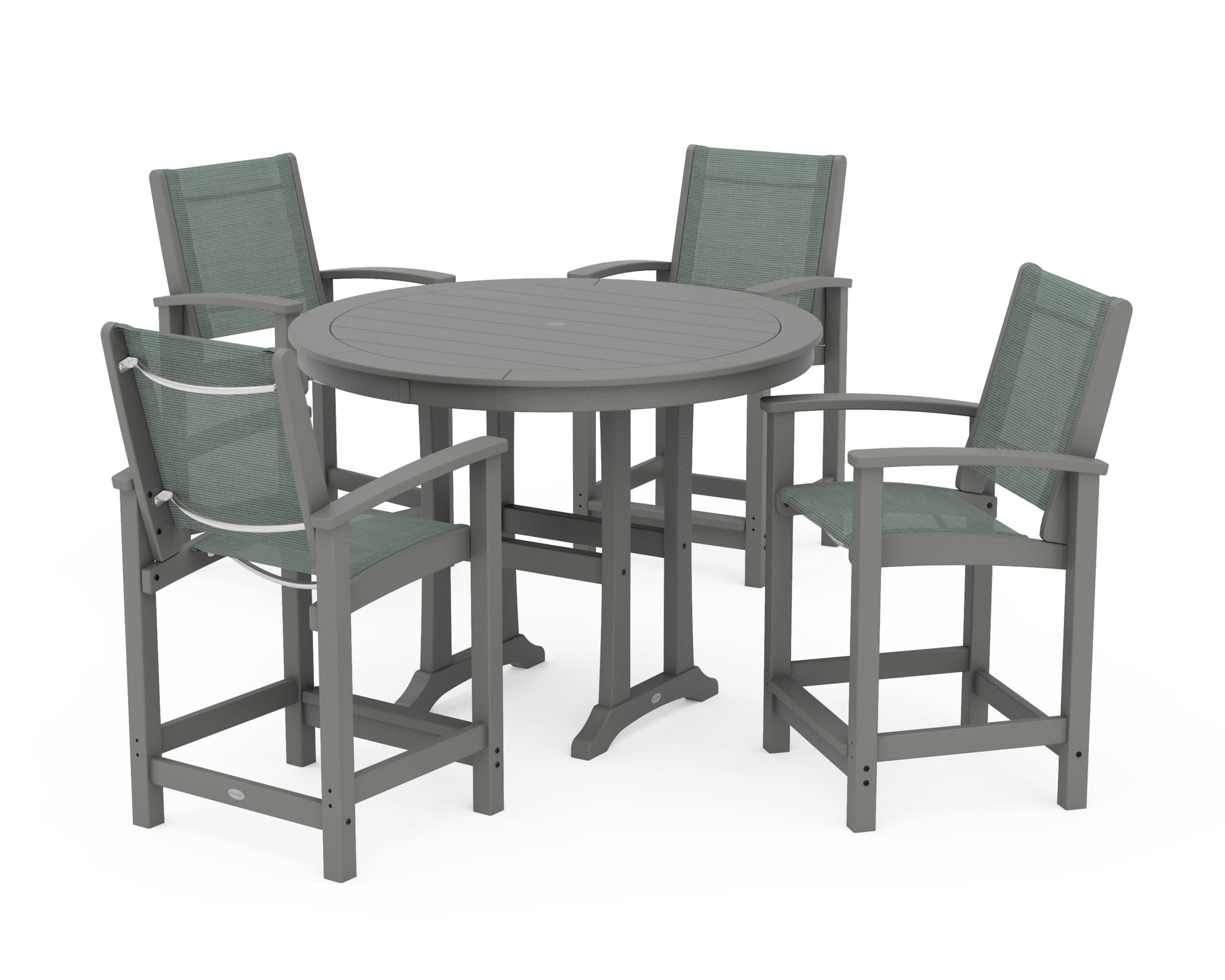 POLYWOOD® Coastal 5-Piece Counter Set in Slate Grey / Dupioni Sea Mist Sling