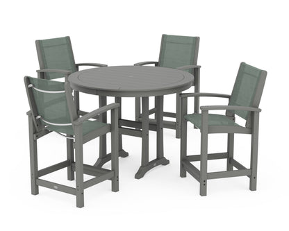 POLYWOOD® Coastal 5-Piece Counter Set in Slate Grey / Dupioni Sea Mist Sling