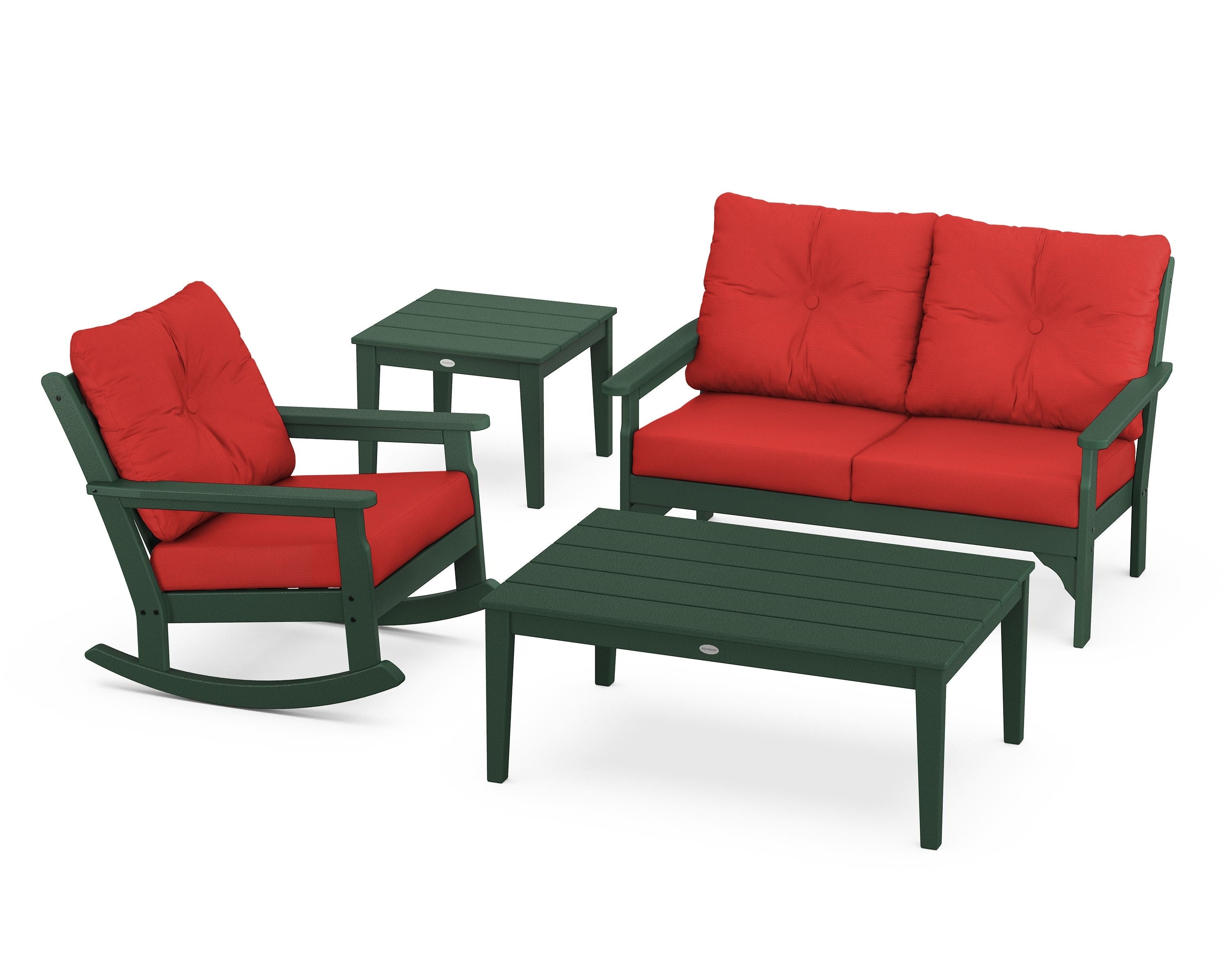 POLYWOOD® Vineyard 4-Piece Deep Seating Rocker Set in Green / Crimson Linen