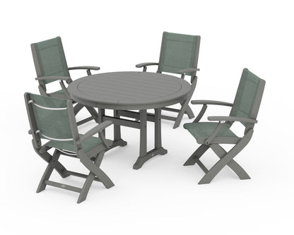 POLYWOOD® Coastal Folding Chair 5-Piece Round Dining Set with Trestle Legs in Slate Grey / Dupioni Sea Mist Sling