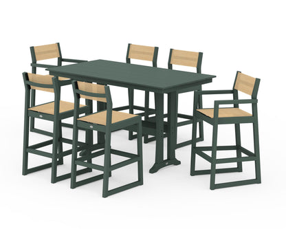 POLYWOOD® EDGE Sling 7-Piece Farmhouse Bar Set with Trestle Legs in Green / Dupioni Apricot Sling