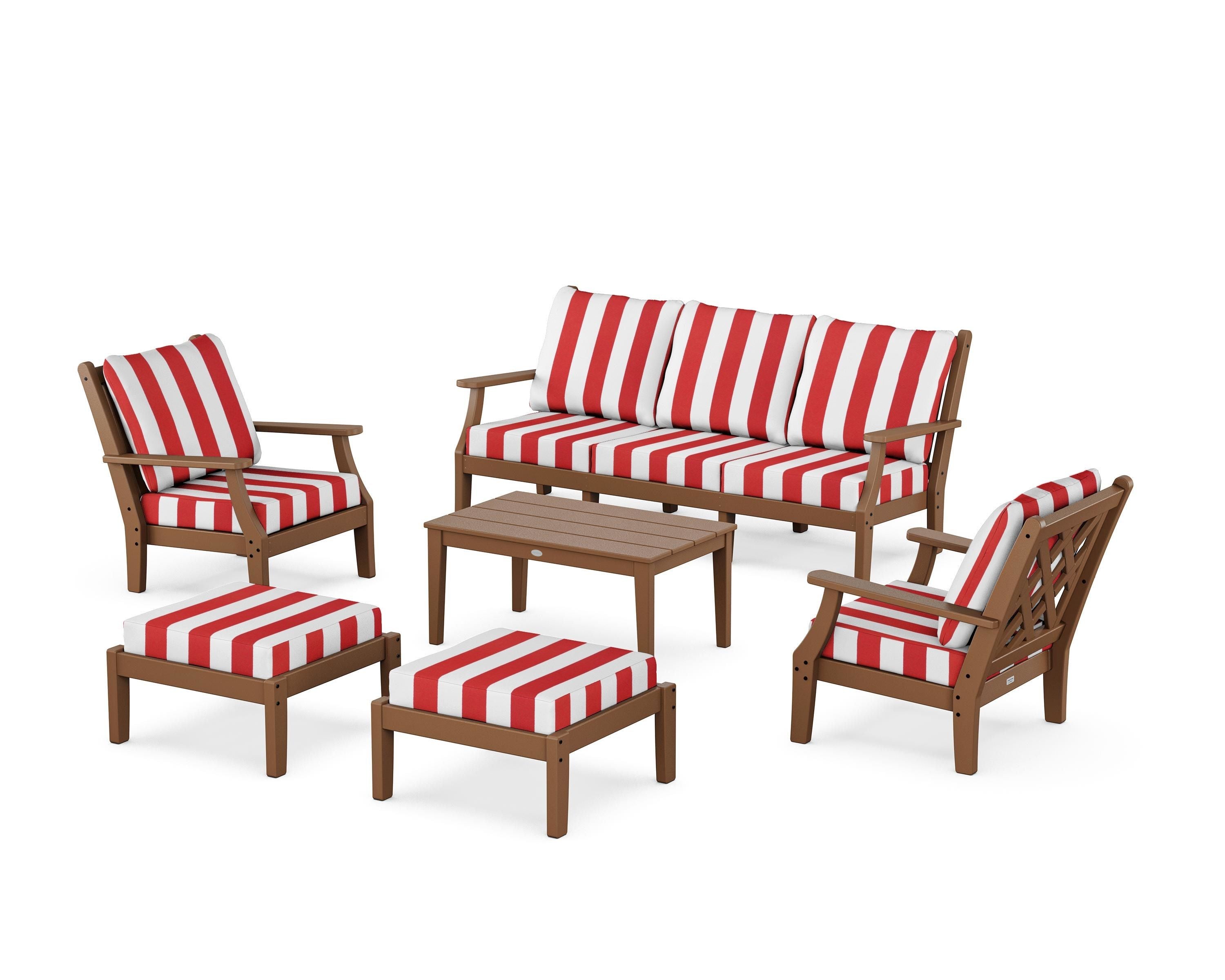 Country Living Wovendale 6-Piece Lounge Sofa Set in Teak / Cabana Stripe Crimson