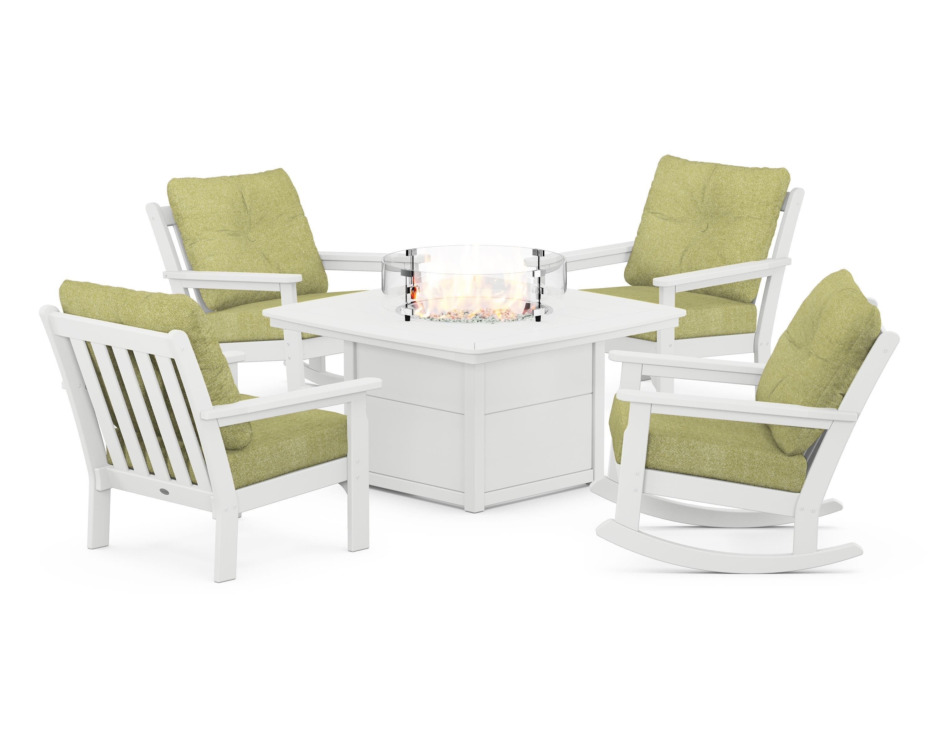 POLYWOOD® Vineyard 5-Piece Deep Seating Rocking Chair Conversation Set with Fire Pit Table in White / Chartreuse Boucle