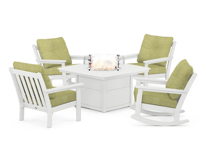 POLYWOOD® Vineyard 5-Piece Deep Seating Rocking Chair Conversation Set with Fire Pit Table in White / Chartreuse Boucle
