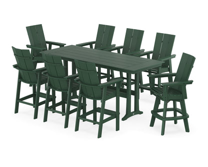 POLYWOOD® Modern Curveback Adirondack Swivel 9-Piece Farmhouse Bar Set with Trestle Legs in Green