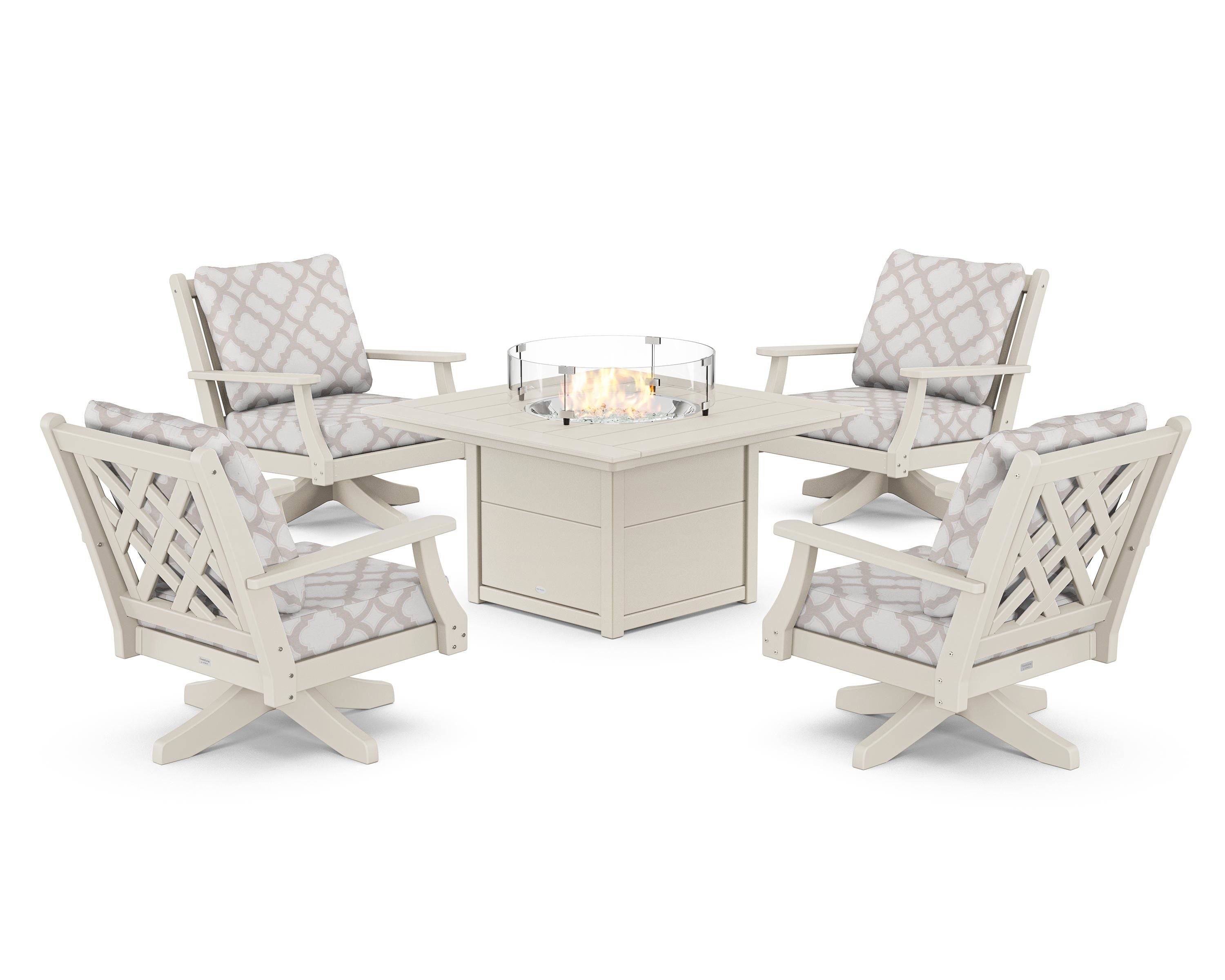 Country Living Wovendale 5-Piece Deep Seating Swivel Conversation Set with Fire Pit Table in Sand / Trellis Dune Burlap