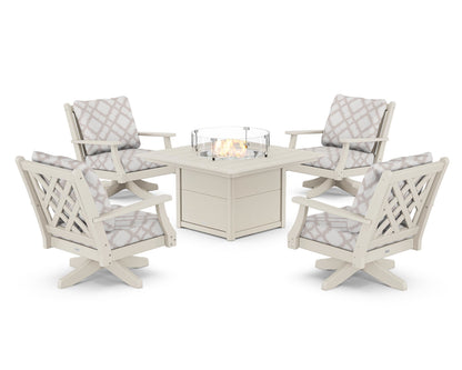 Country Living Wovendale 5-Piece Deep Seating Swivel Conversation Set with Fire Pit Table in Sand / Trellis Dune Burlap
