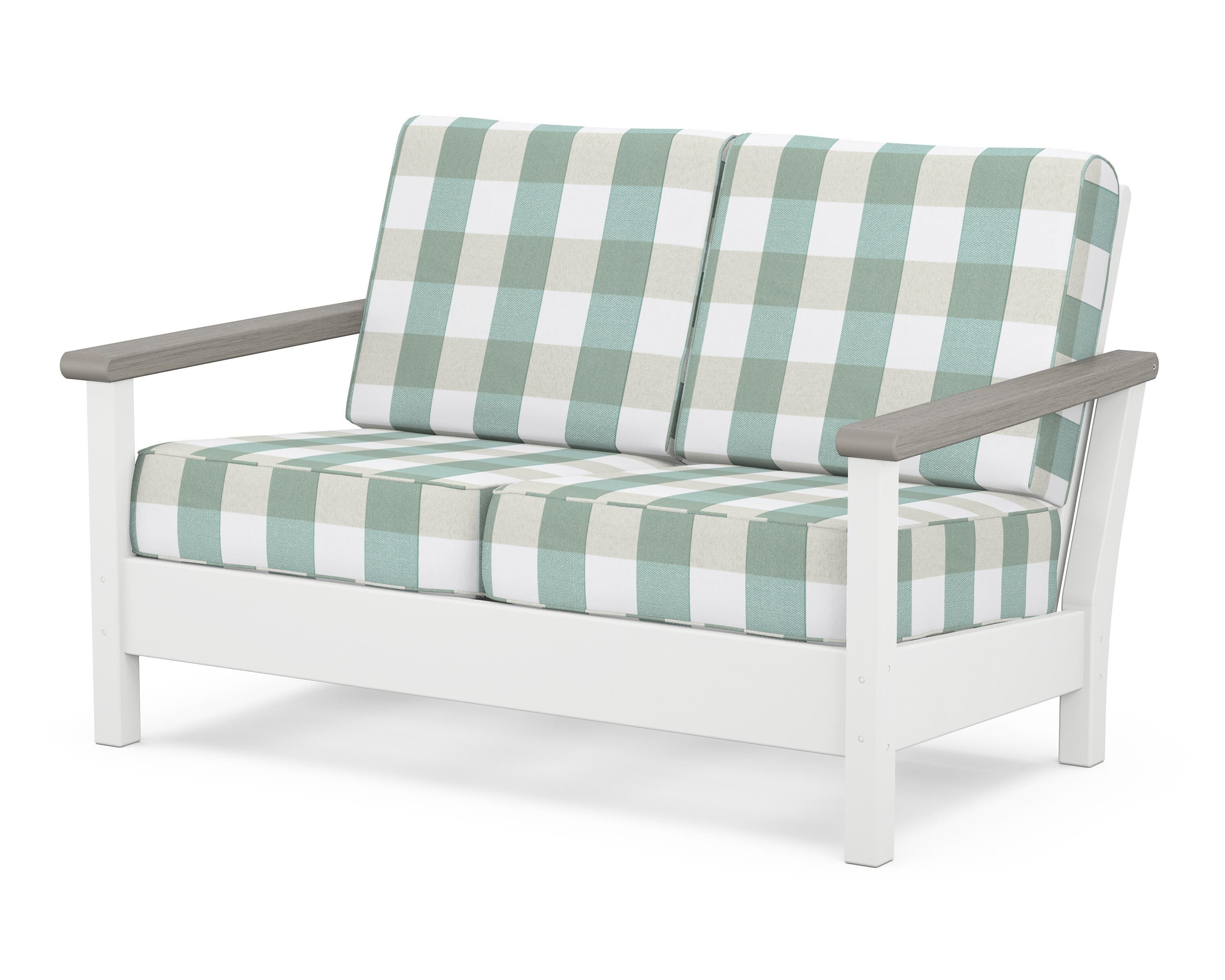 POLYWOOD® Harbour Deep Seating Loveseat in White / Driftwood / Buffalo Plaid Glacier Spa