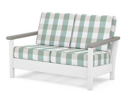 POLYWOOD® Harbour Deep Seating Loveseat in White / Driftwood / Buffalo Plaid Glacier Spa
