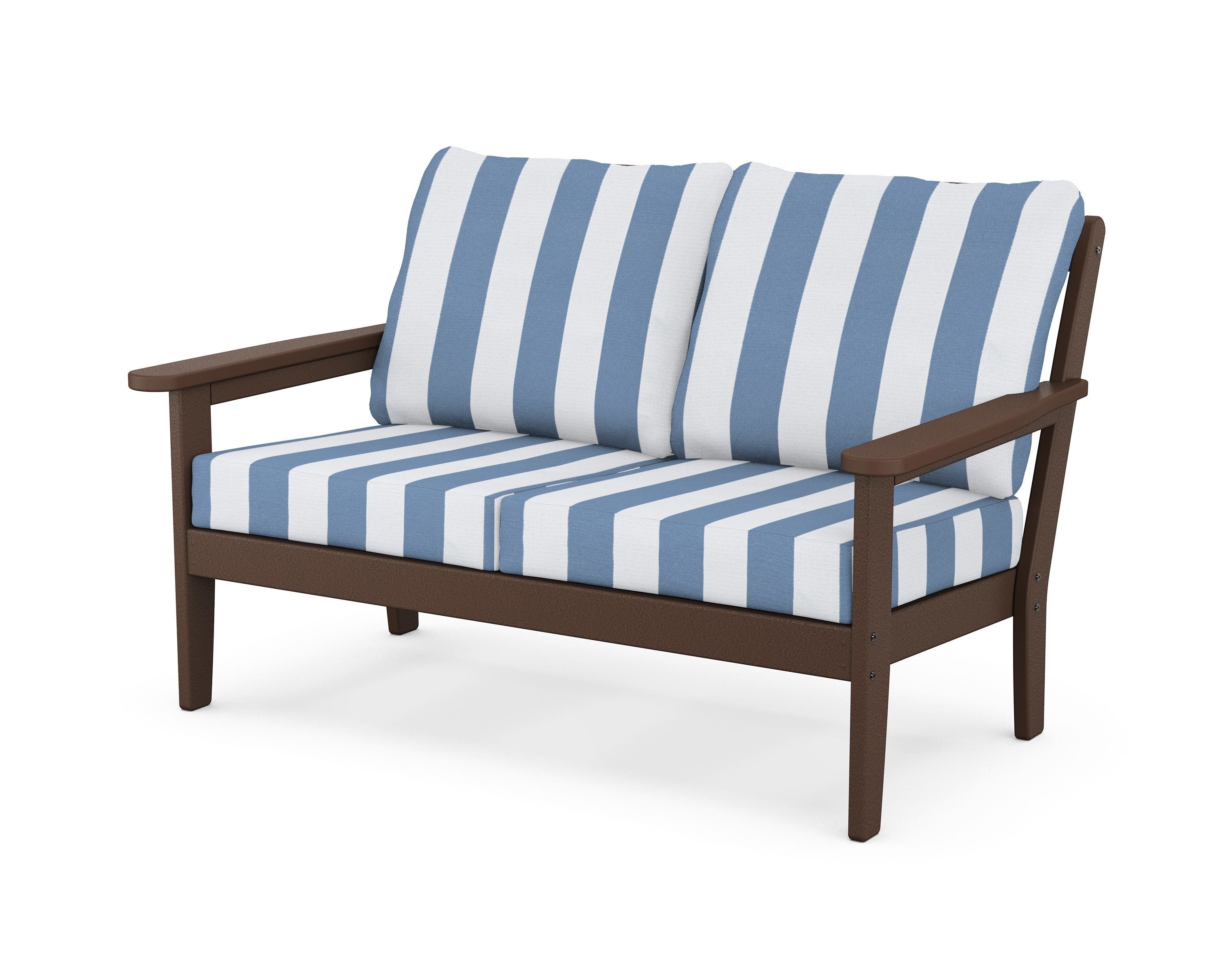 Country Living Cottage Deep Seating Loveseat in Mahogany / Cabana Stripe Sky Blue