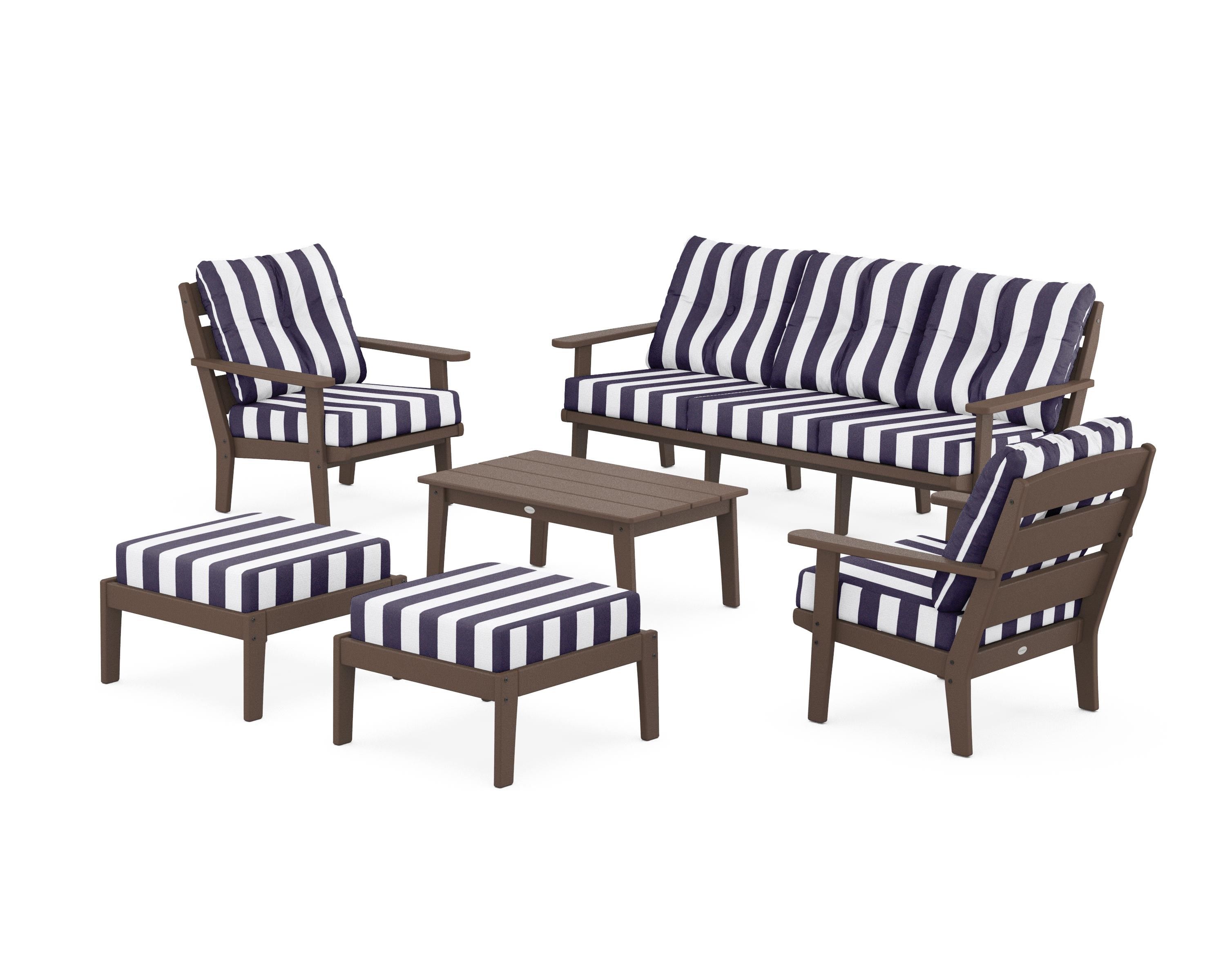 POLYWOOD® Lakeside 6-Piece Lounge Sofa Set in Mahogany / Cabana Stripe Navy
