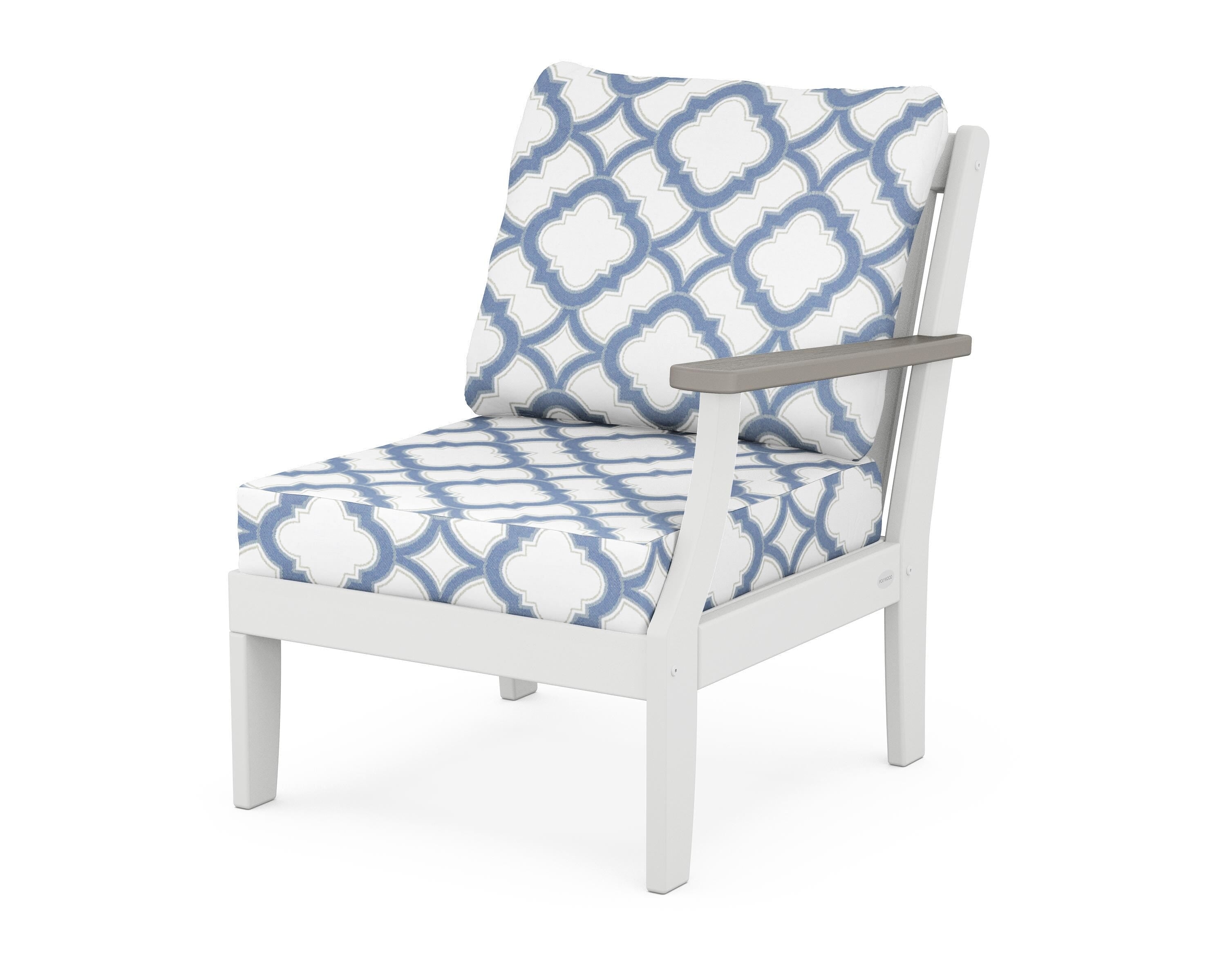POLYWOOD® Braxton Modular Right Arm Chair in White / Driftwood / Trellis Sky Blue