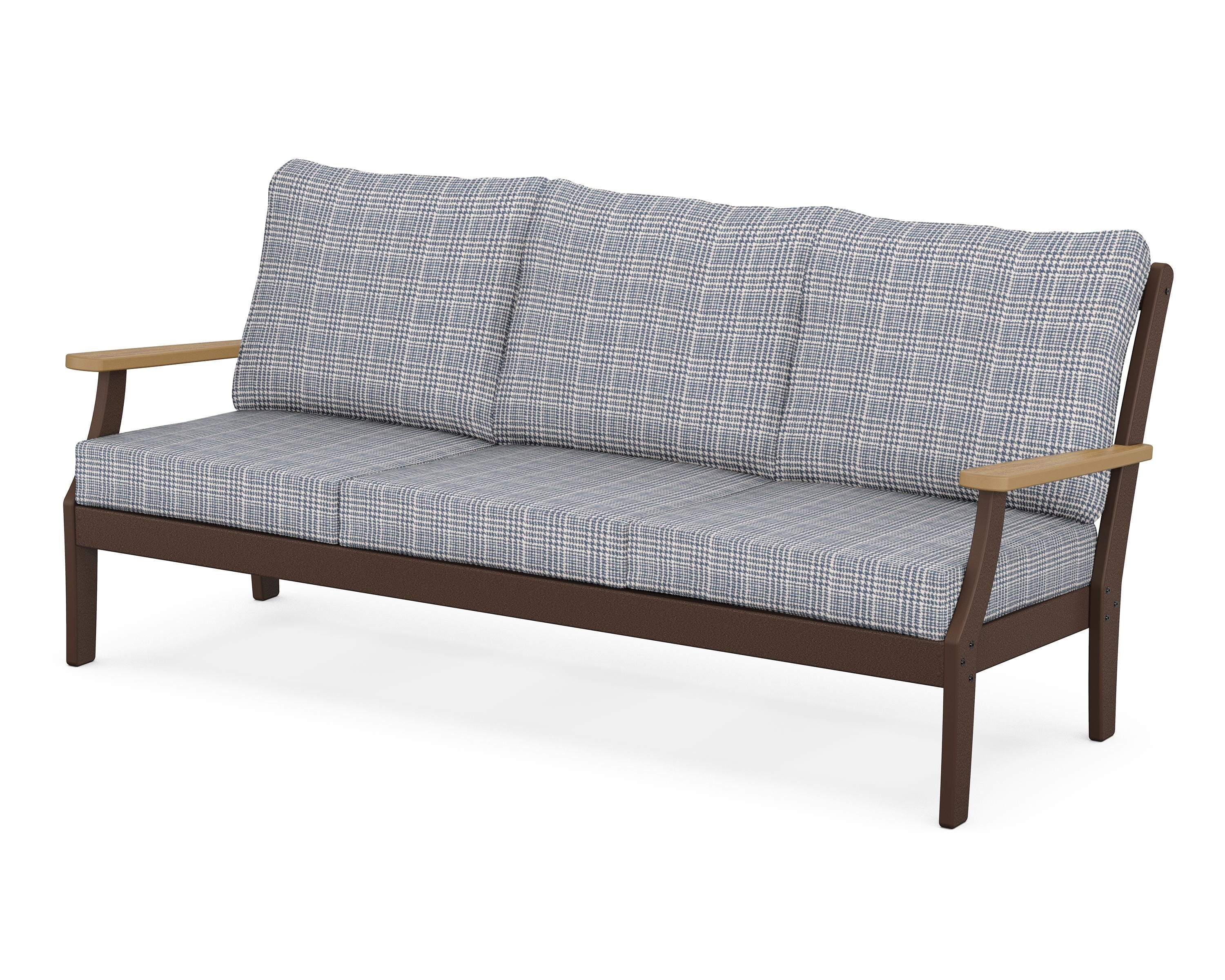 POLYWOOD® Braxton Deep Seating Sofa in Mahogany / Natural / Houndstooth Sky Blue