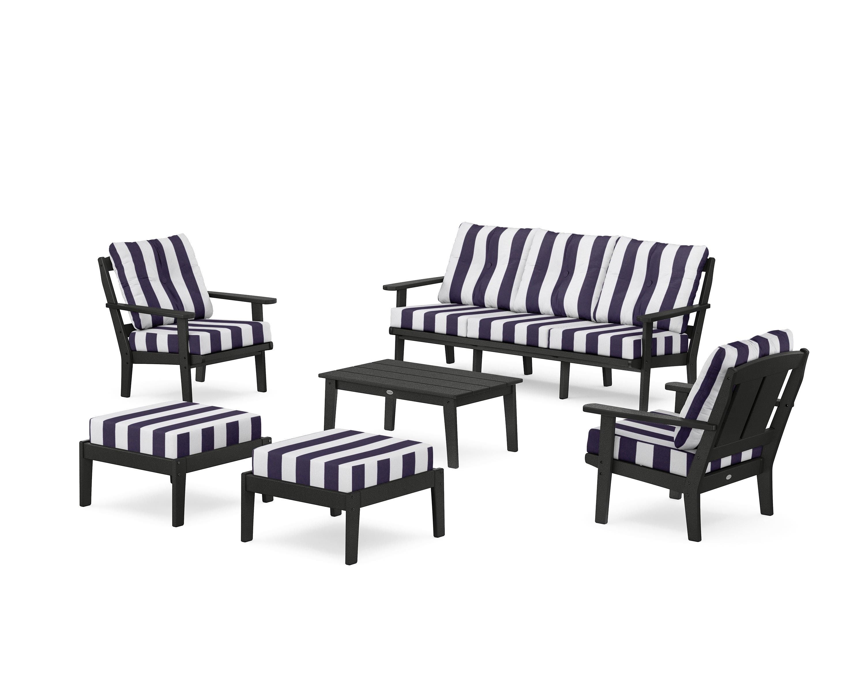 POLYWOOD® Mission 6-Piece Lounge Sofa Set in Black / Cabana Stripe Navy