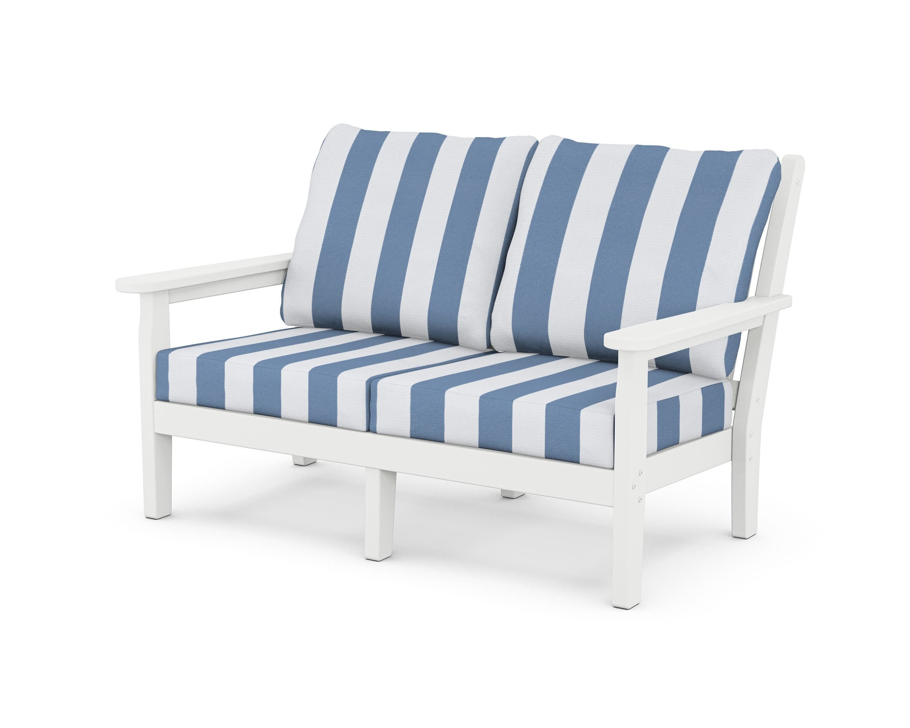 POLYWOOD® Chippendale Deep Seating Loveseat in White / Cabana Stripe Sky Blue
