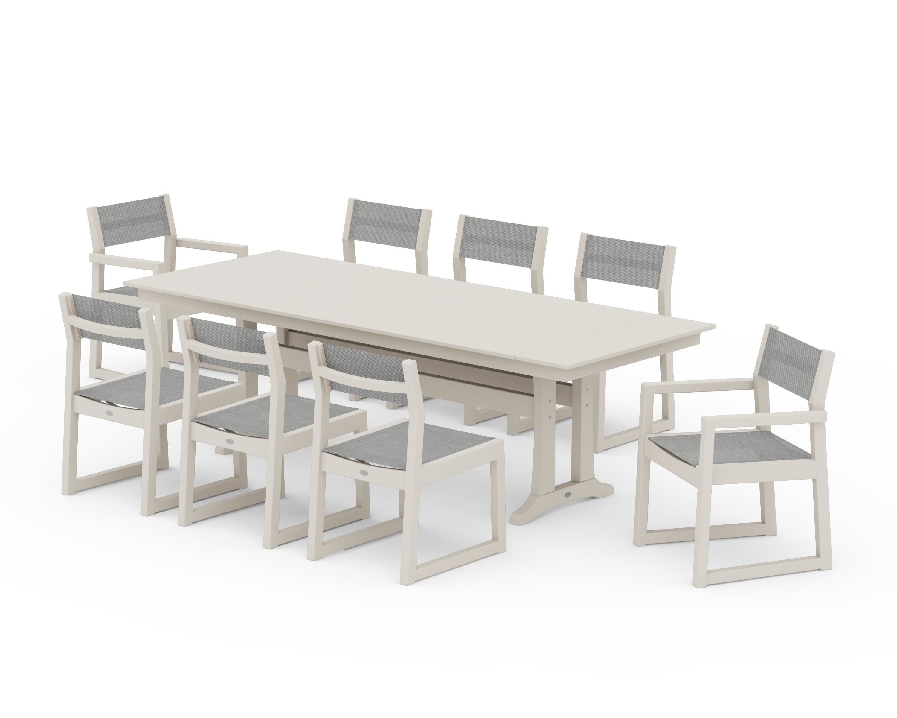POLYWOOD® EDGE Sling 9-Piece Farmhouse Trestle Dining Set in Sand / Metallic Sling