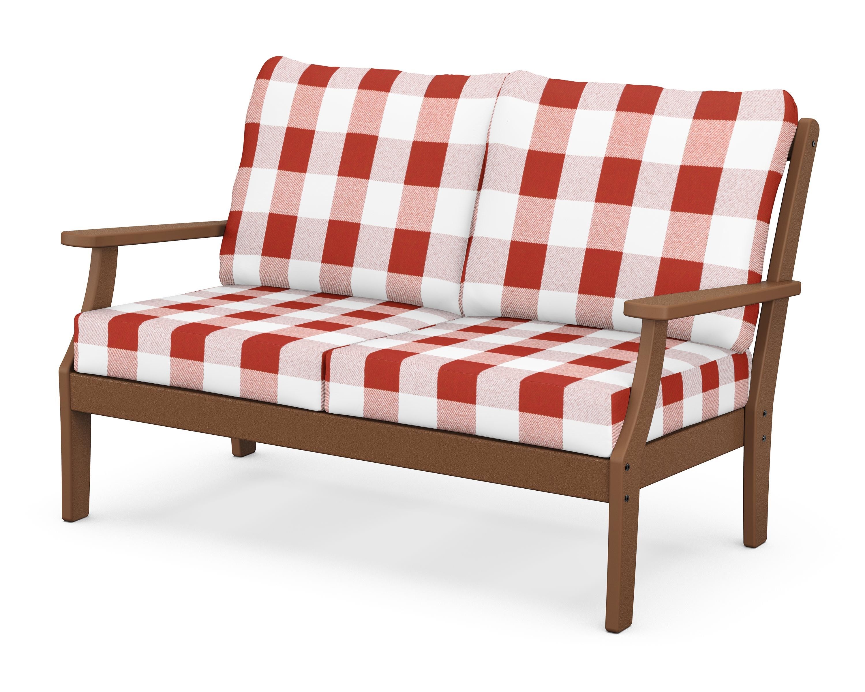 POLYWOOD® Braxton Deep Seating Loveseat in Teak / Buffalo Plaid Crimson