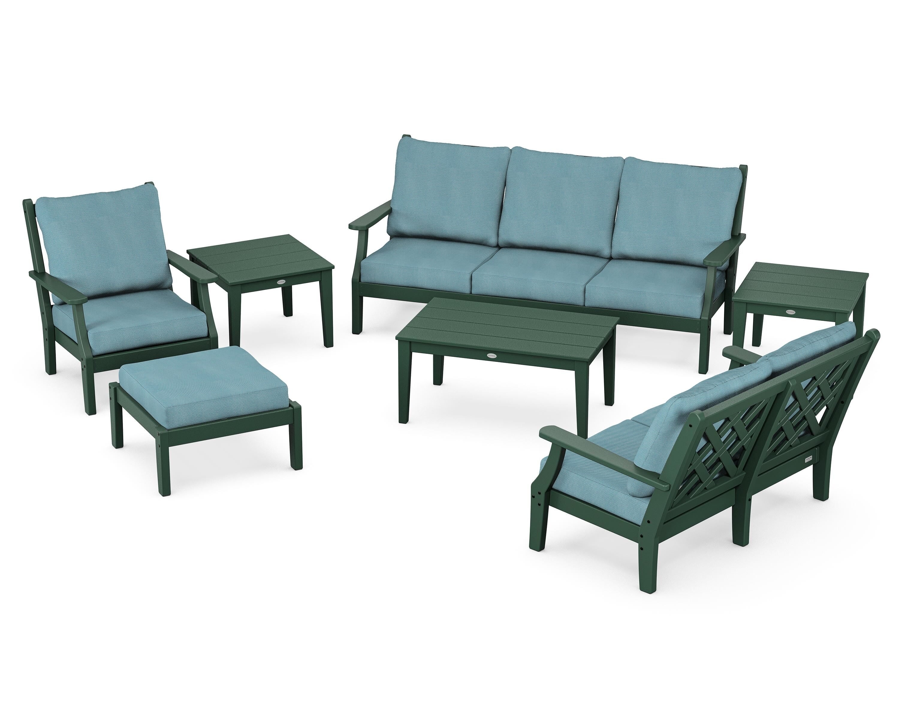 Country Living Wovendale 7-Piece Deep Seating Set in Green / Lattice Sky Blue