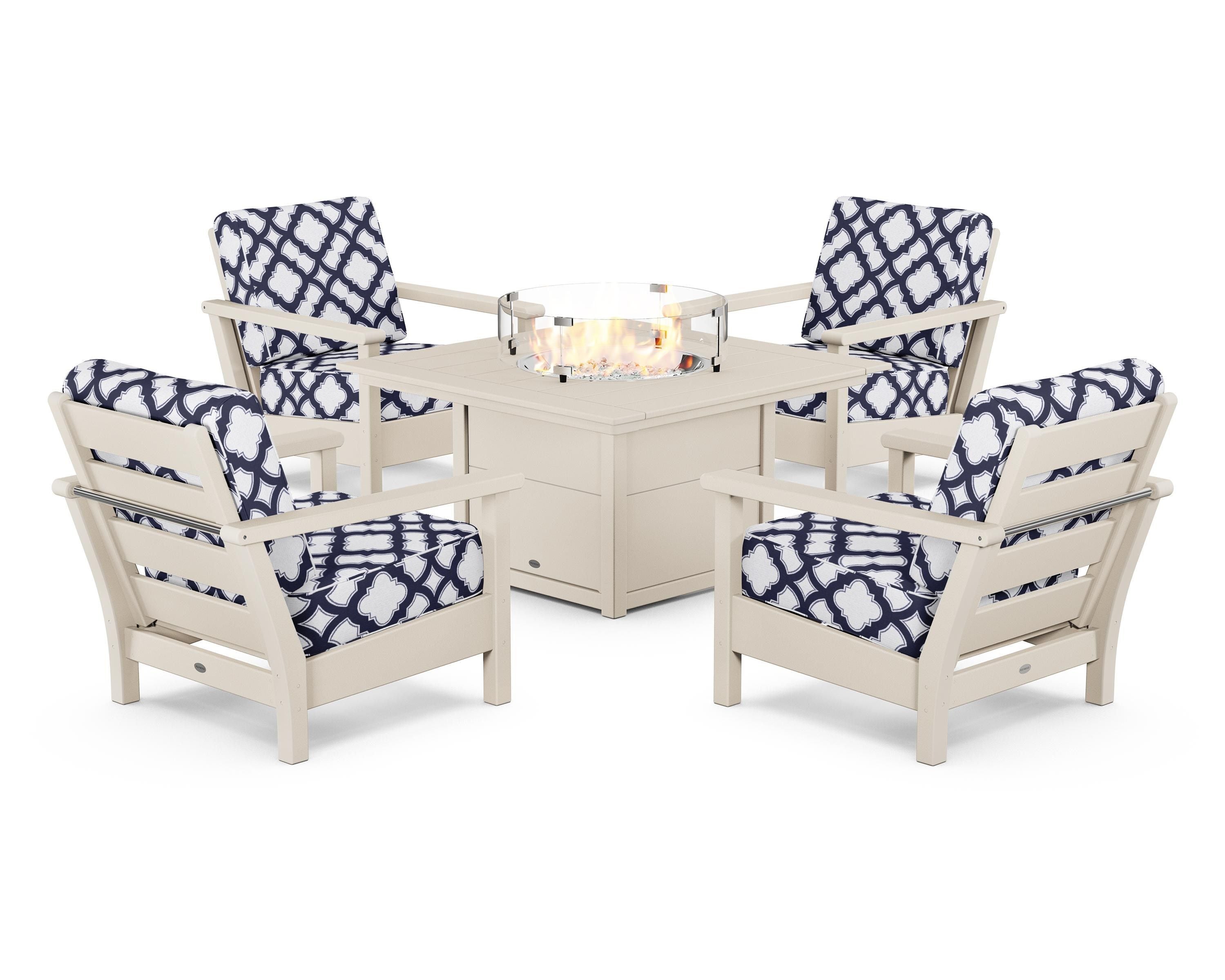 POLYWOOD® Harbour 5-Piece Conversation Set with Fire Pit Table in Sand / Trellis Navy
