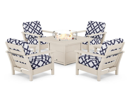 POLYWOOD® Harbour 5-Piece Conversation Set with Fire Pit Table in Sand / Trellis Navy