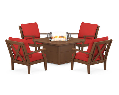 POLYWOOD® Braxton 5-Piece Deep Seating Conversation Set with Fire Pit Table in Teak / Crimson Linen