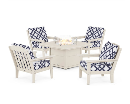 Country Living Cottage 5-Piece Deep Seating Set with Fire Pit Table in Sand / Trellis Navy