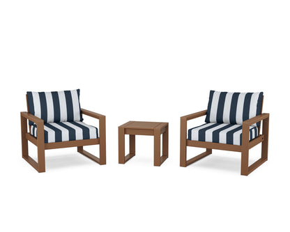POLYWOOD® EDGE Sectional 3-Piece Deep Seating Set in Teak / Cabana Stripe Marine Indigo