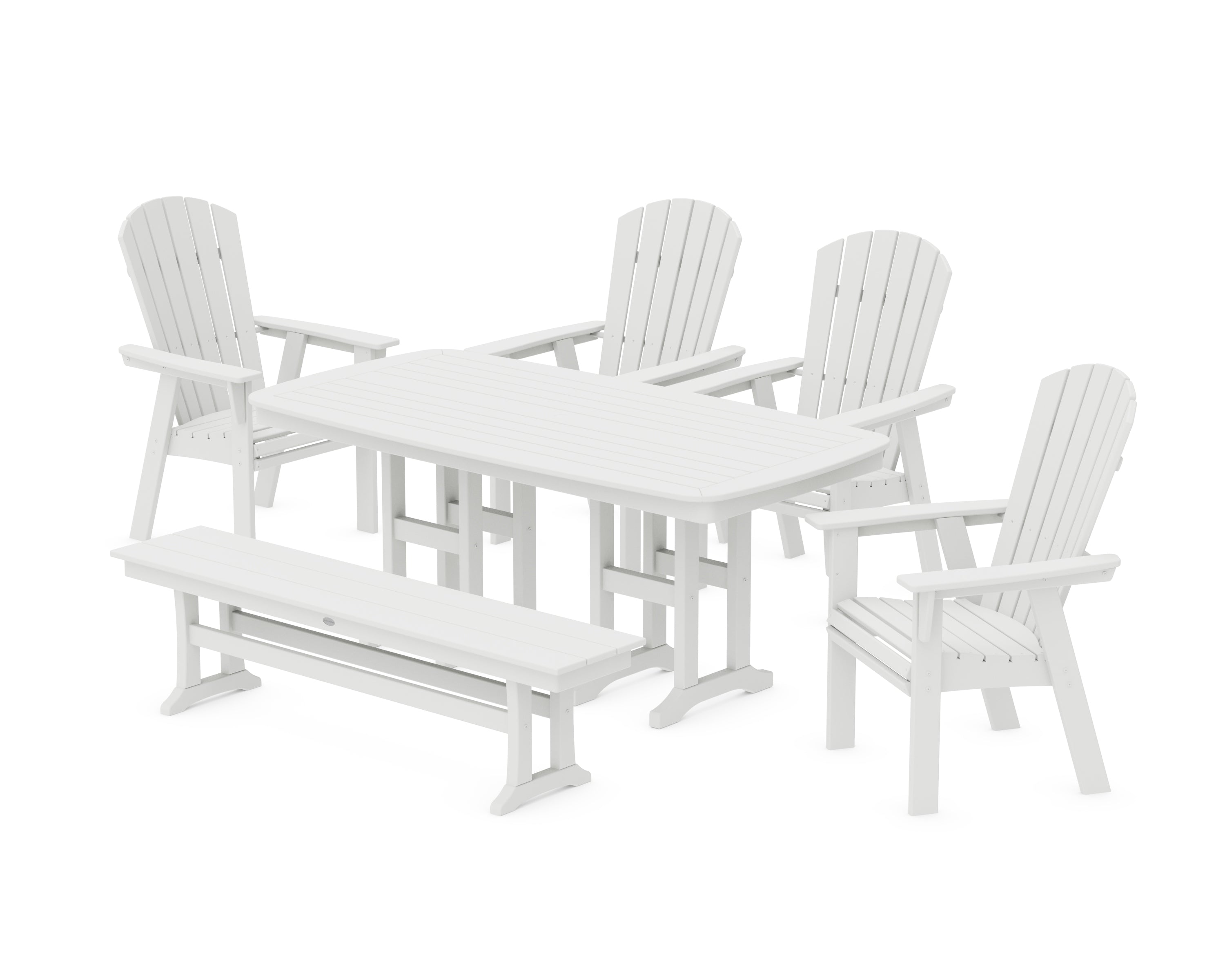 POLYWOOD® Nautical Curveback Adirondack 6-Piece Dining Set with Bench in White