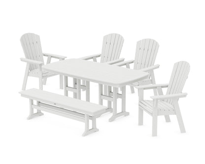 POLYWOOD® Nautical Curveback Adirondack 6-Piece Dining Set with Bench in White
