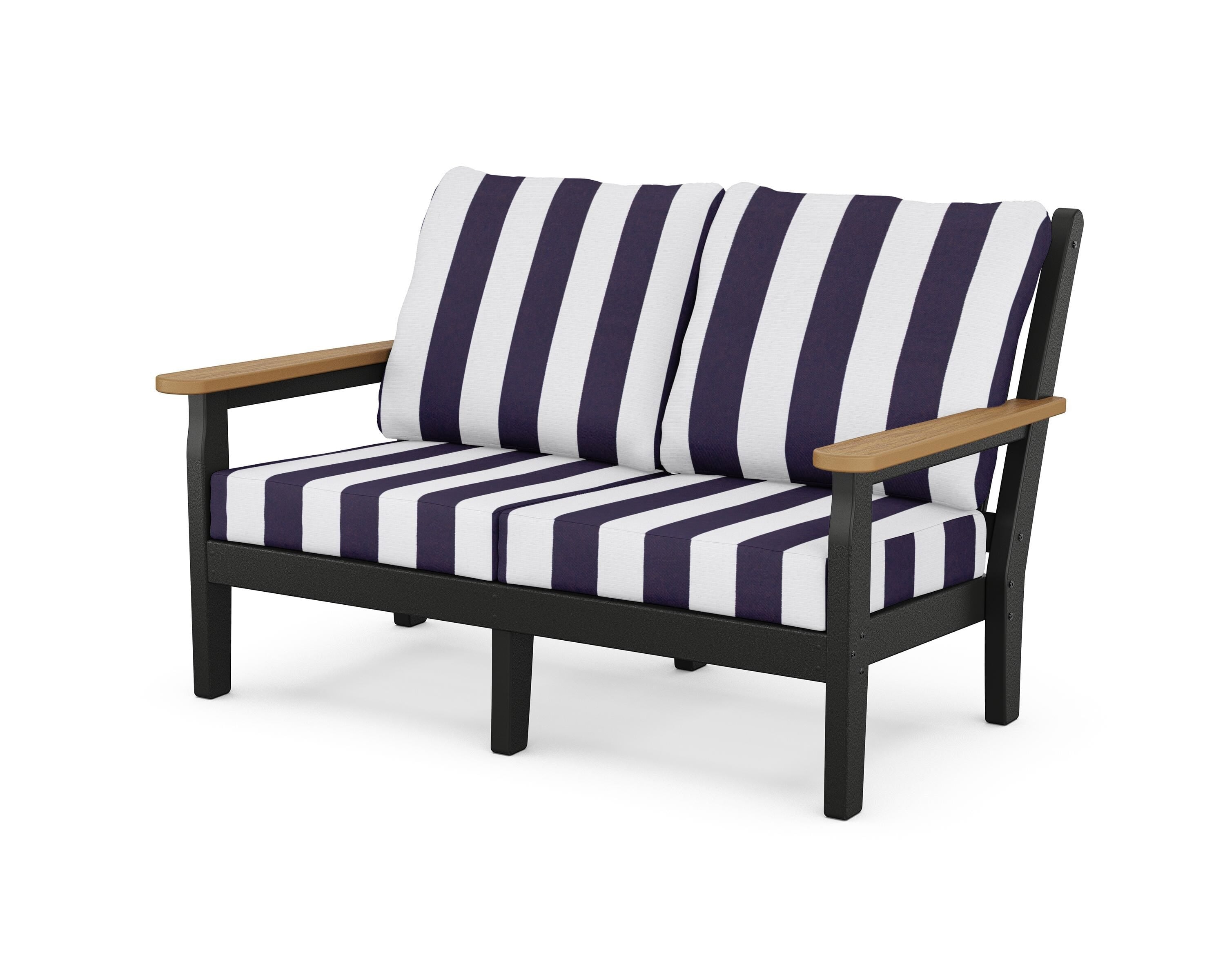 POLYWOOD® Chippendale Deep Seating Loveseat in Black / Natural / Cabana Stripe Navy