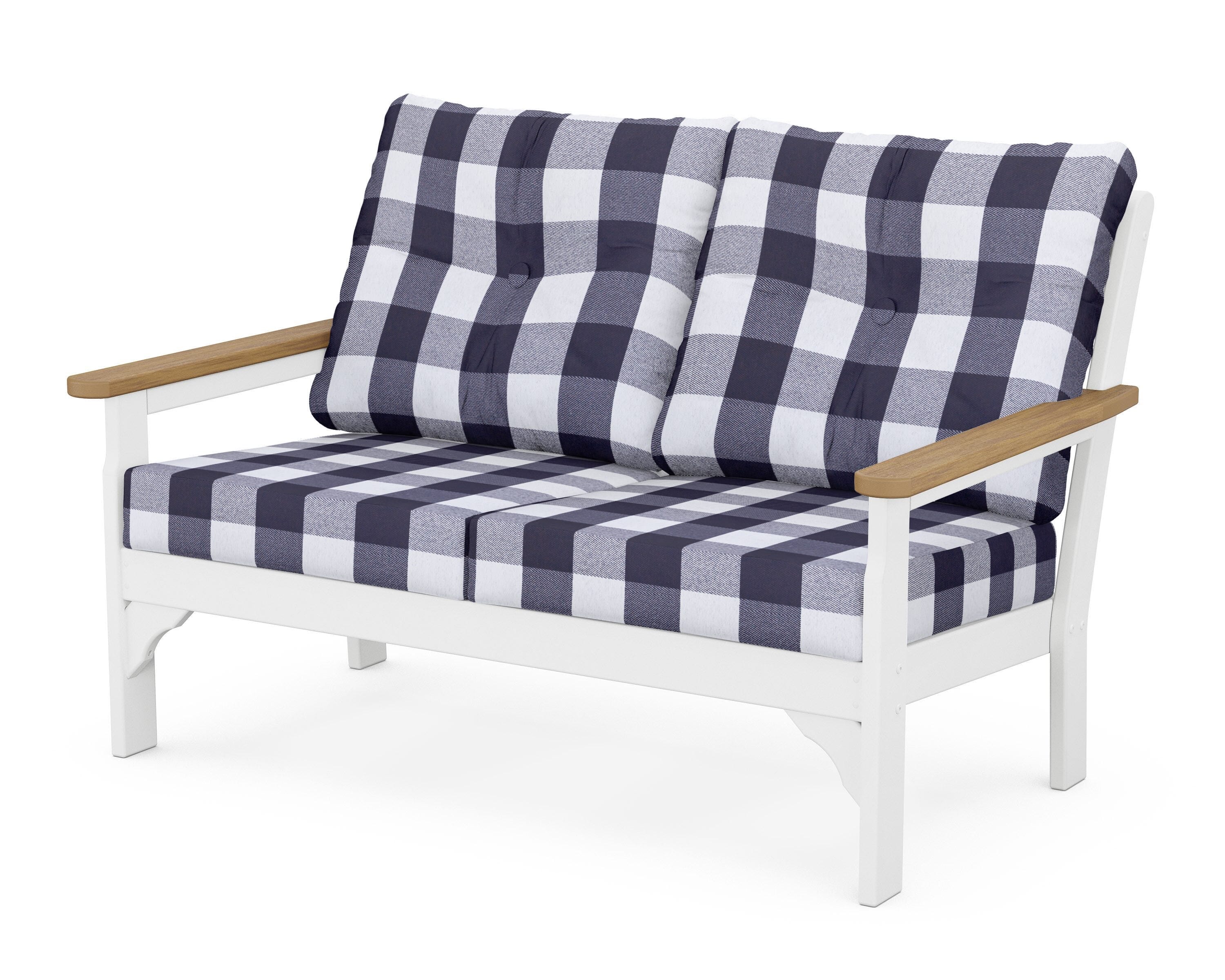 POLYWOOD® Vineyard Deep Seating Loveseat in White / Natural / Buffalo Plaid Navy
