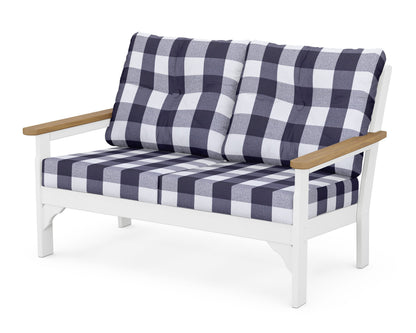 POLYWOOD® Vineyard Deep Seating Loveseat in White / Natural / Buffalo Plaid Navy