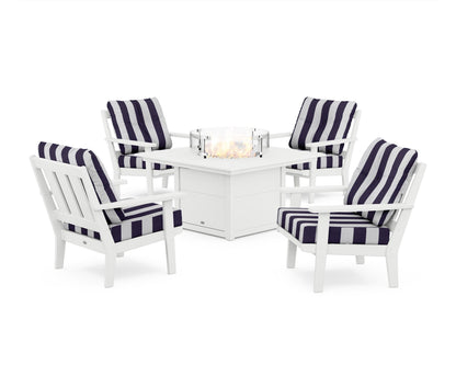 POLYWOOD® Oxford 5-Piece Deep Seating Set with Fire Pit Table in White / Cabana Stripe Navy