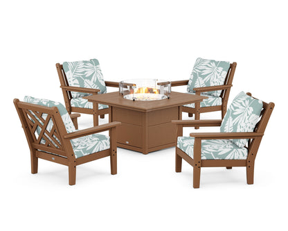POLYWOOD® Chippendale 5-Piece Deep Seating Set with Fire Pit Table in Teak / Leaf Glacier Spa