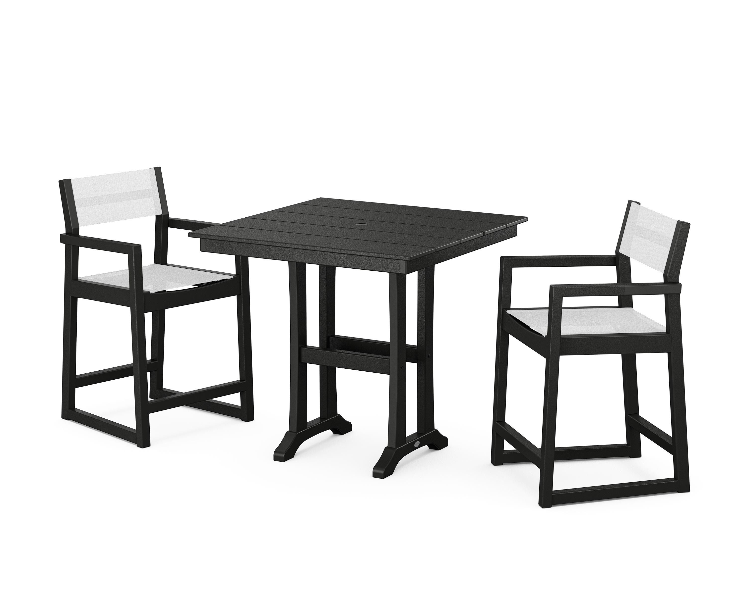 POLYWOOD® EDGE Sling Arm Chair 3-Piece Farmhouse Counter Set with Trestle Legs in Black / White Sling