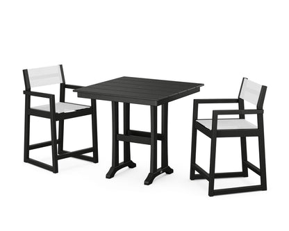 POLYWOOD® EDGE Sling Arm Chair 3-Piece Farmhouse Counter Set with Trestle Legs in Black / White Sling