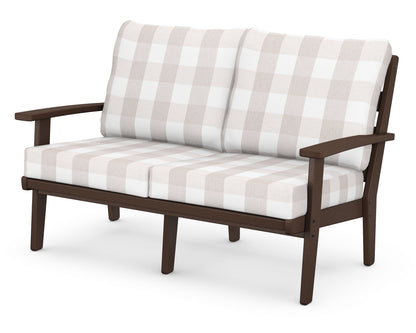 POLYWOOD® Grant Park Deep Seating Loveseat in Mahogany / Buffalo Plaid Dune Burlap